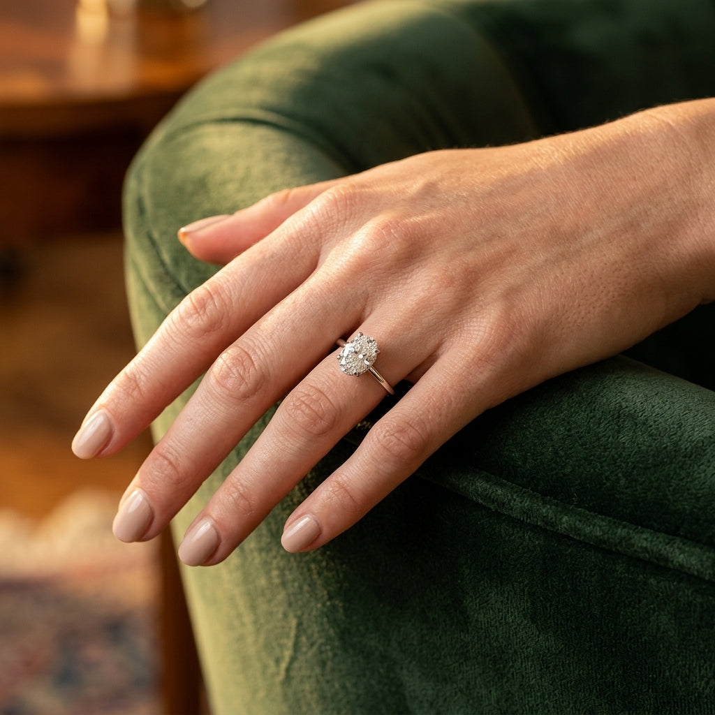 Hidden Halo Oval Engagement Ring - worn lifestyle photo