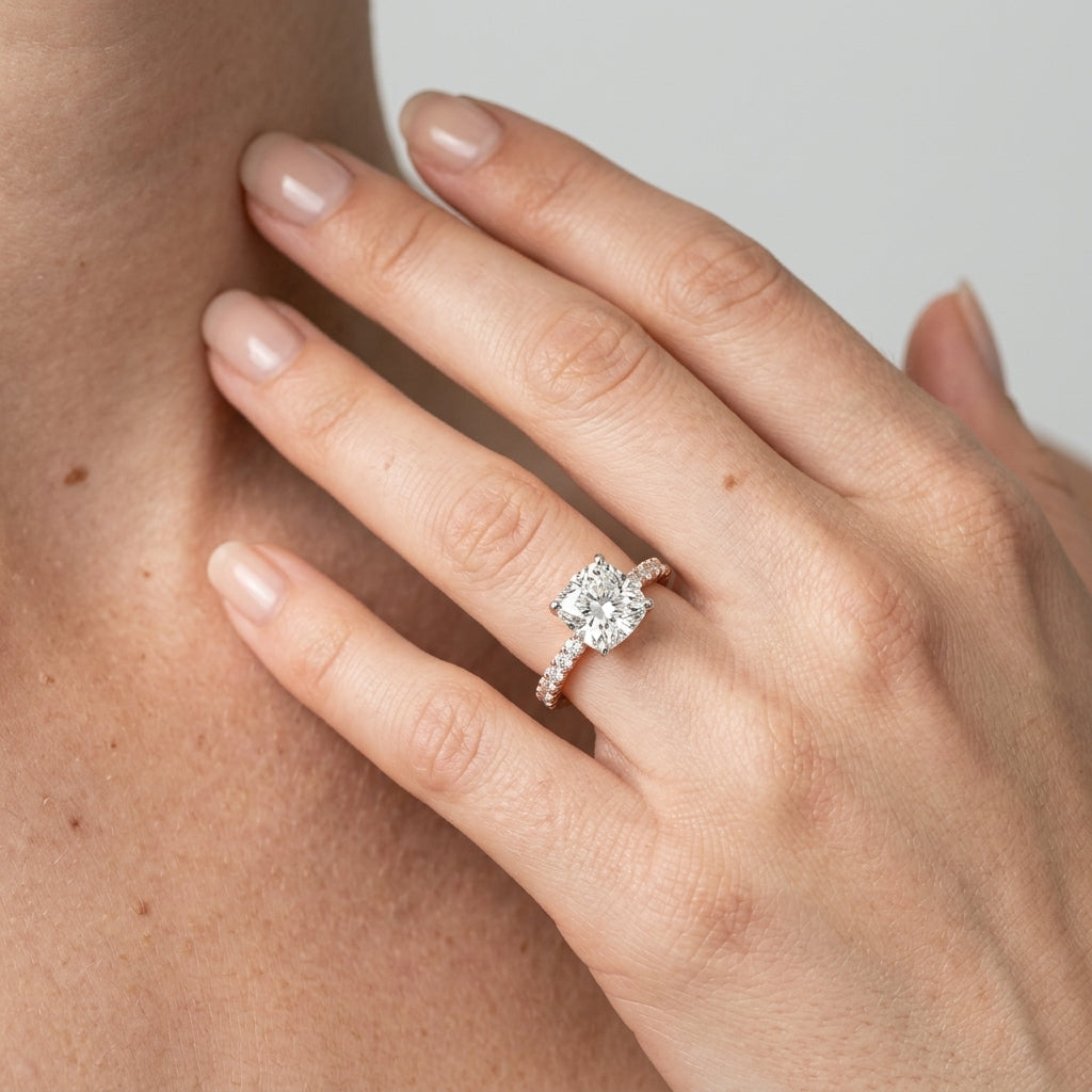 Single Row Shared Prong Engagement Ring - worn lifestyle photo