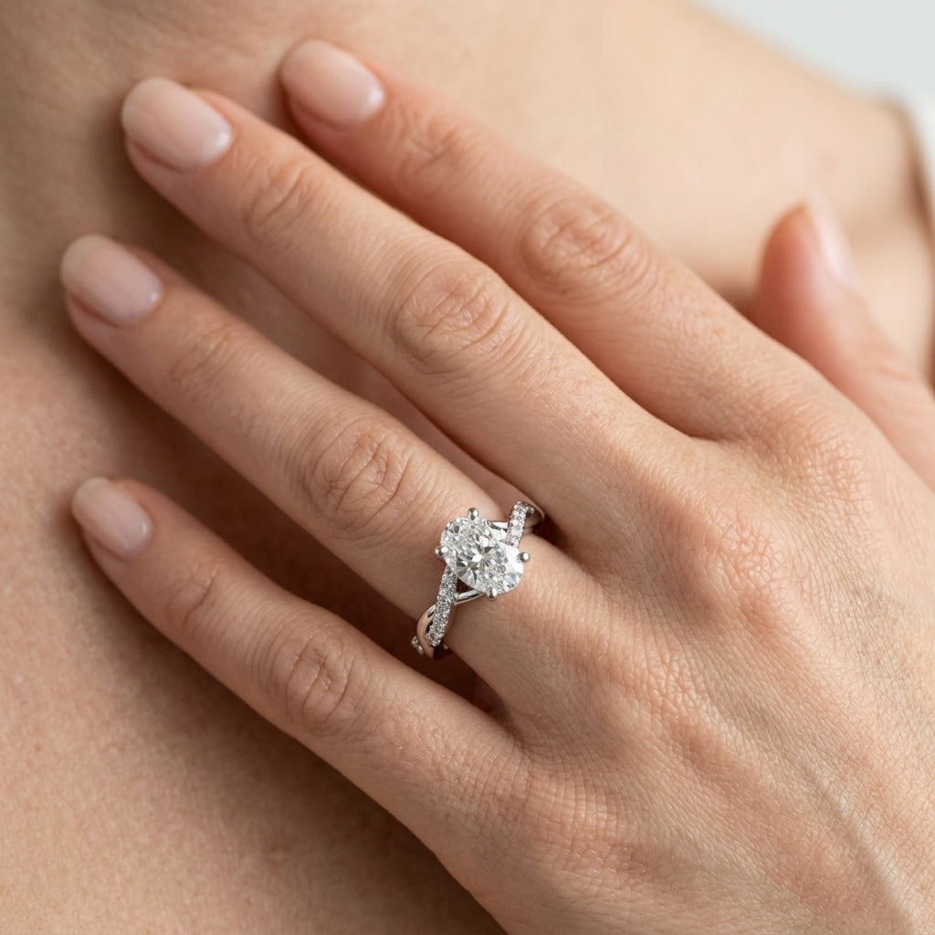 Oval Shape Twisted Shank Engagement Ring - worn lifestyle photo