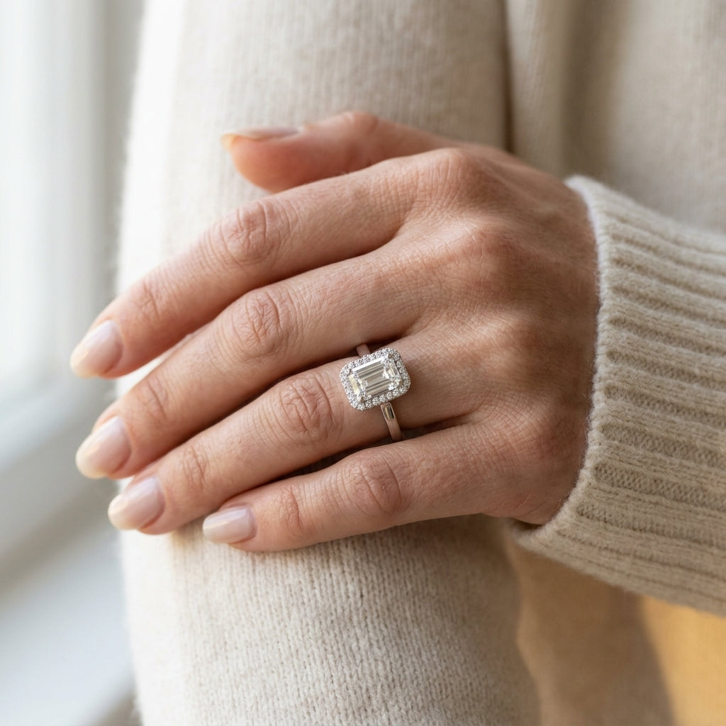 Halo Emerald Cut Engagement Ring - worn lifestyle photo