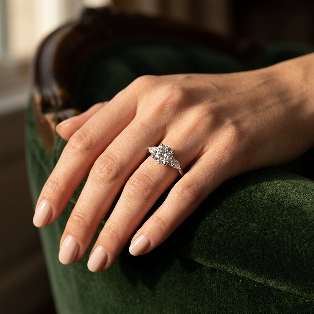 3-Stone Round Engagement Ring w/ Pear Sides - worn lifestyle photo