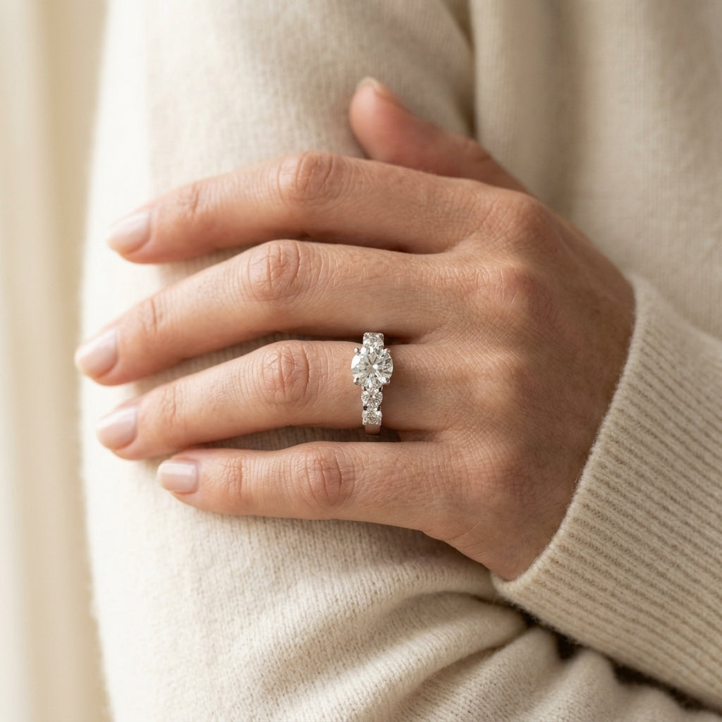 Single Row Prong Set Engagement Rings - worn lifestyle photo