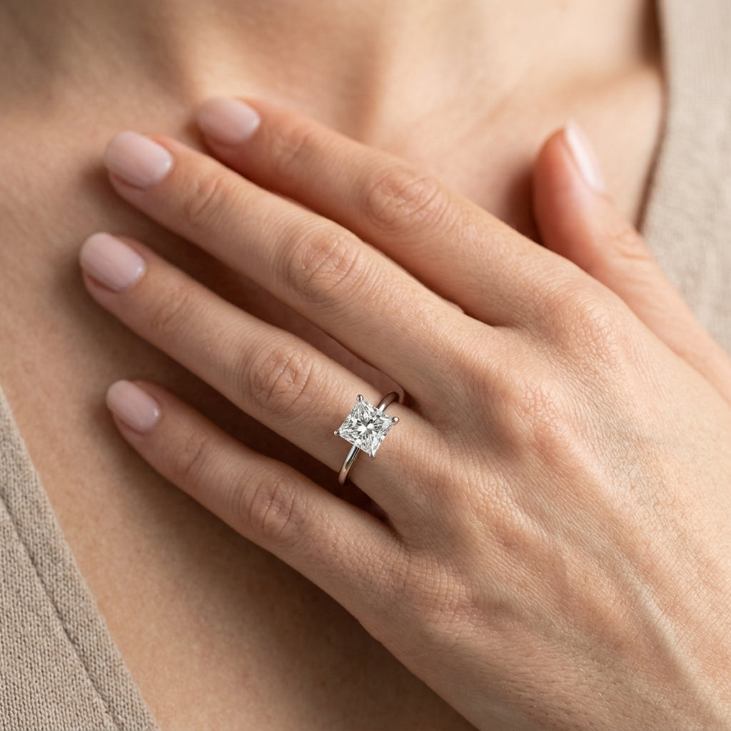 Solitaire Princess Cut Engagement Ring - worn lifestyle photo