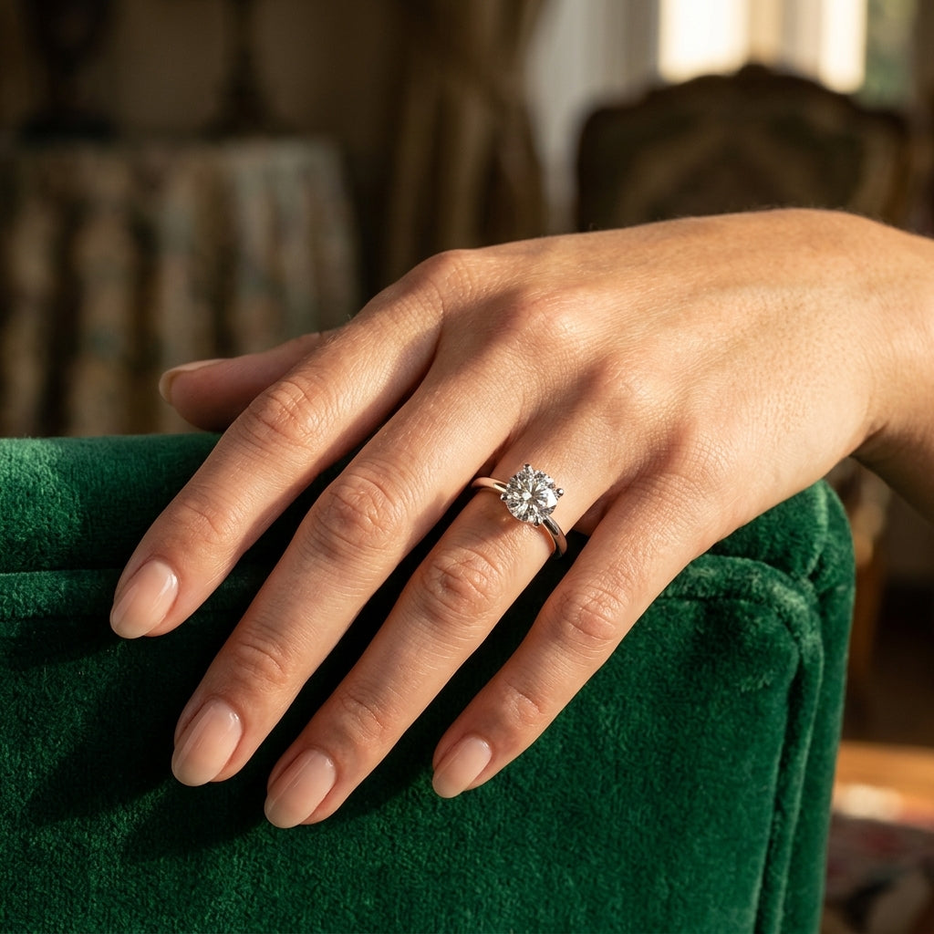 Solitaire Round Engagement Ring - worn lifestyle photo