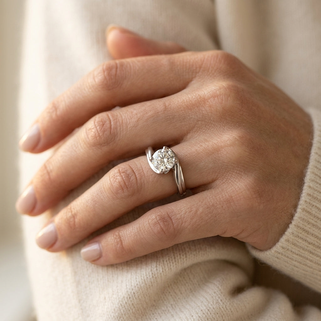 Bypass Solitaire Engagement Ring - worn lifestyle photo