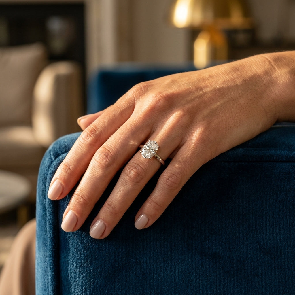 Solitaire Oval Engagement Ring - worn lifestyle photo