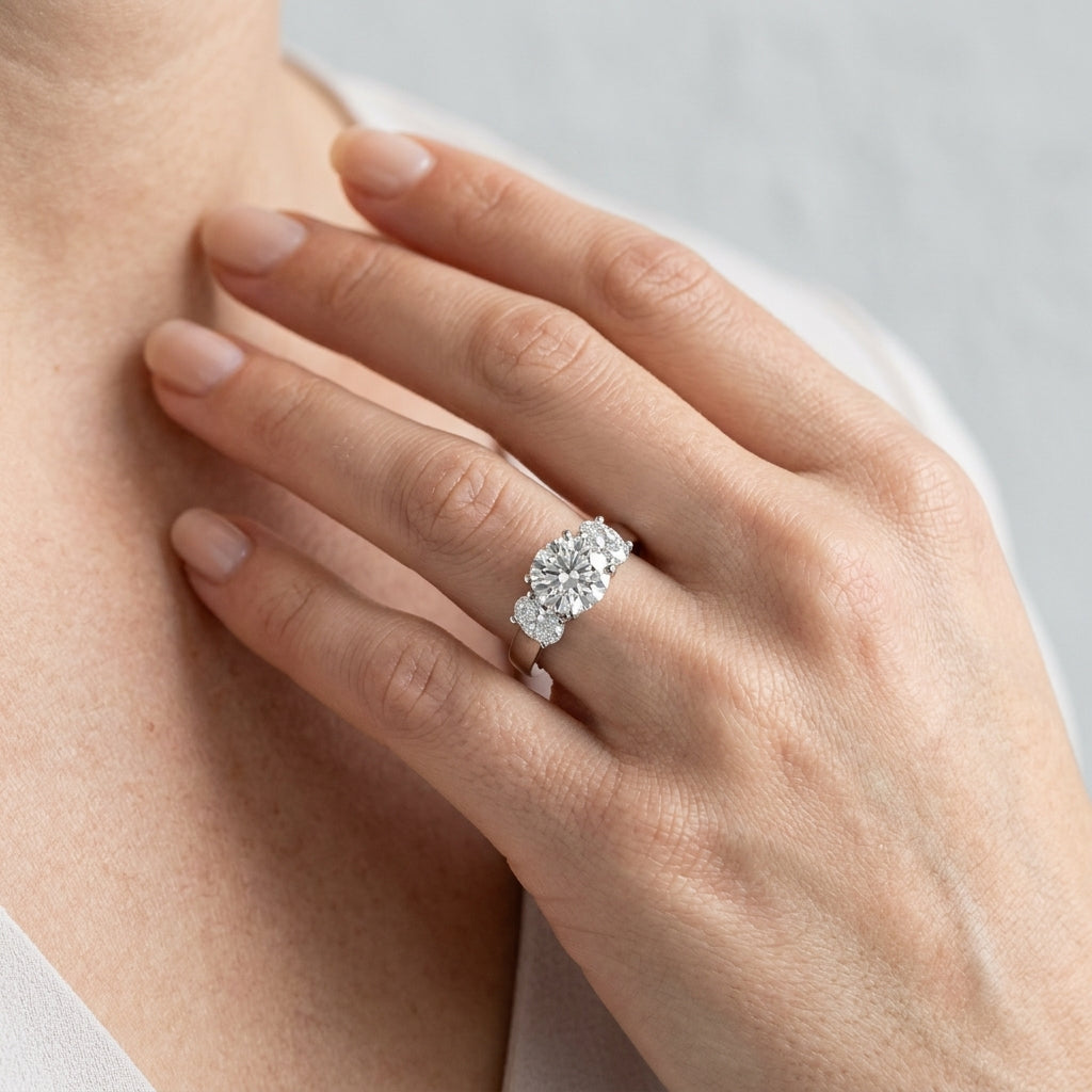 3-Stone Oval Trellis Engagement Ring - worn lifestyle photo