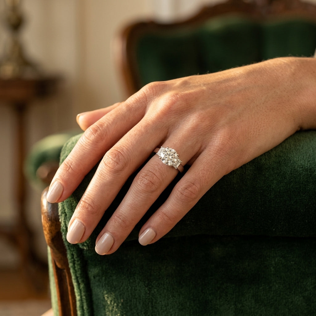 3-Stone Round & Emerald Engagement Ring - worn lifestyle photo