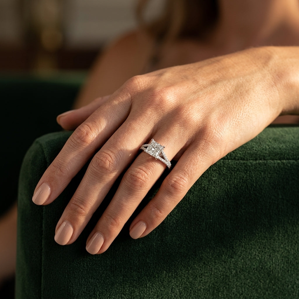 Double Row Split Shank Trellis Engagement Ring - worn lifestyle photo