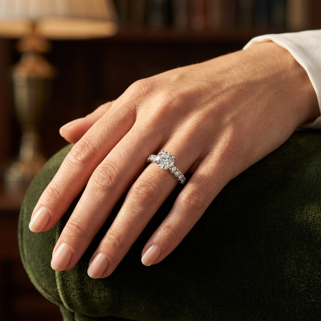 Single Row Prong Set Engagement Ring - worn lifestyle photo