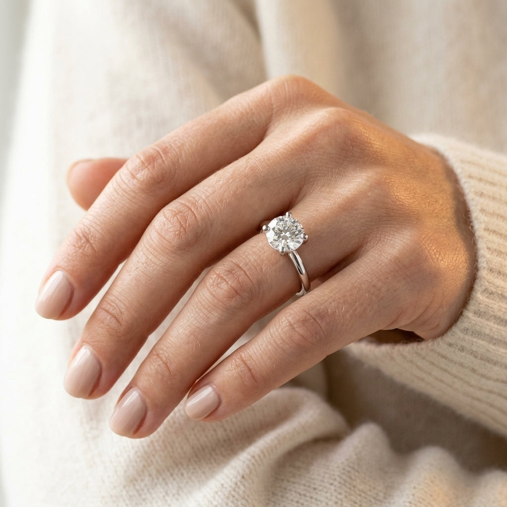 Solitaire Round Engagement Ring - worn lifestyle photo