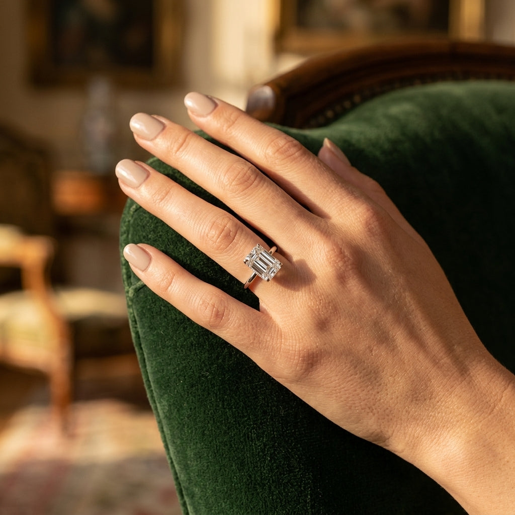 Solitaire Emerald-Cut Engagement Ring - worn lifestyle photo