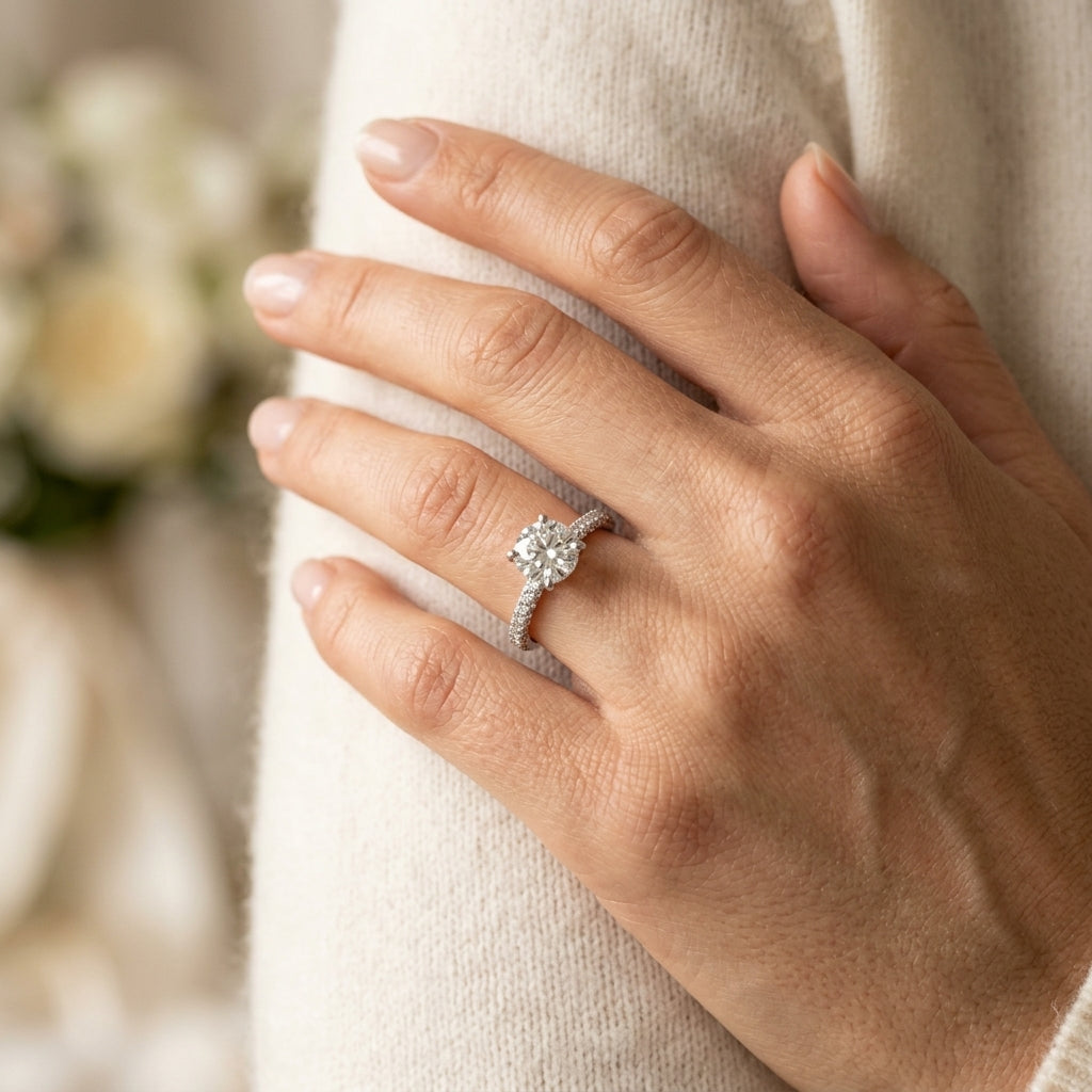 Pavé Set Round Engagement Ring - worn lifestyle photo