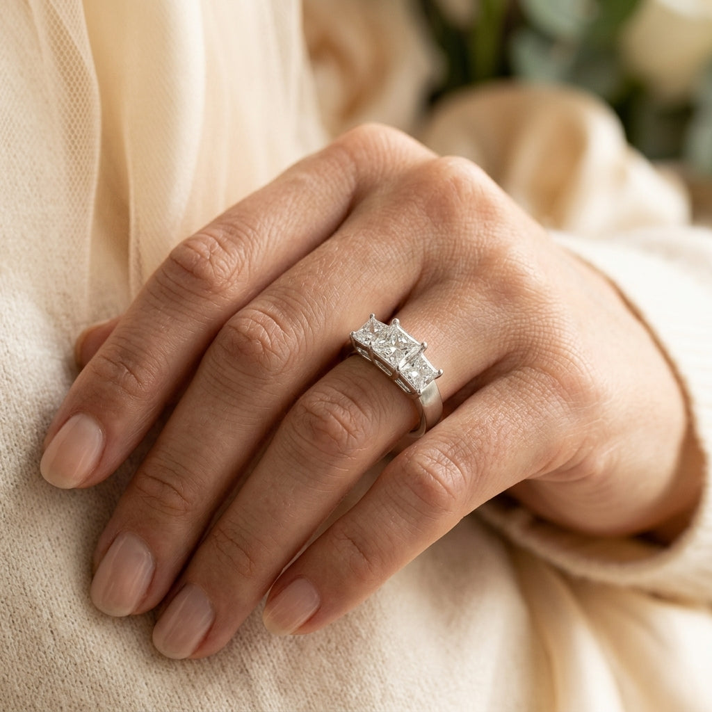 3-Stone Princess Cut Trellis Engagement Ring - worn lifestyle photo