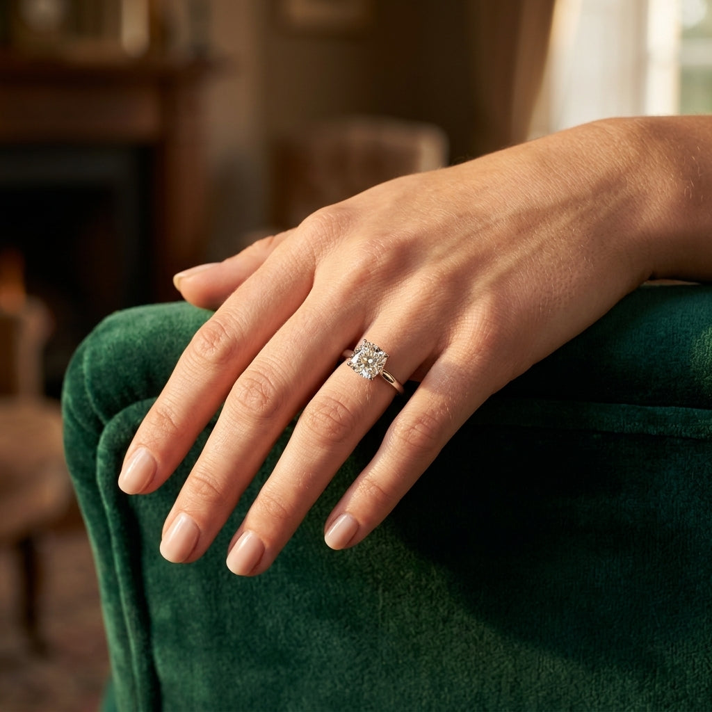 Solitaire Cushion Cut Engagement Ring - worn lifestyle photo