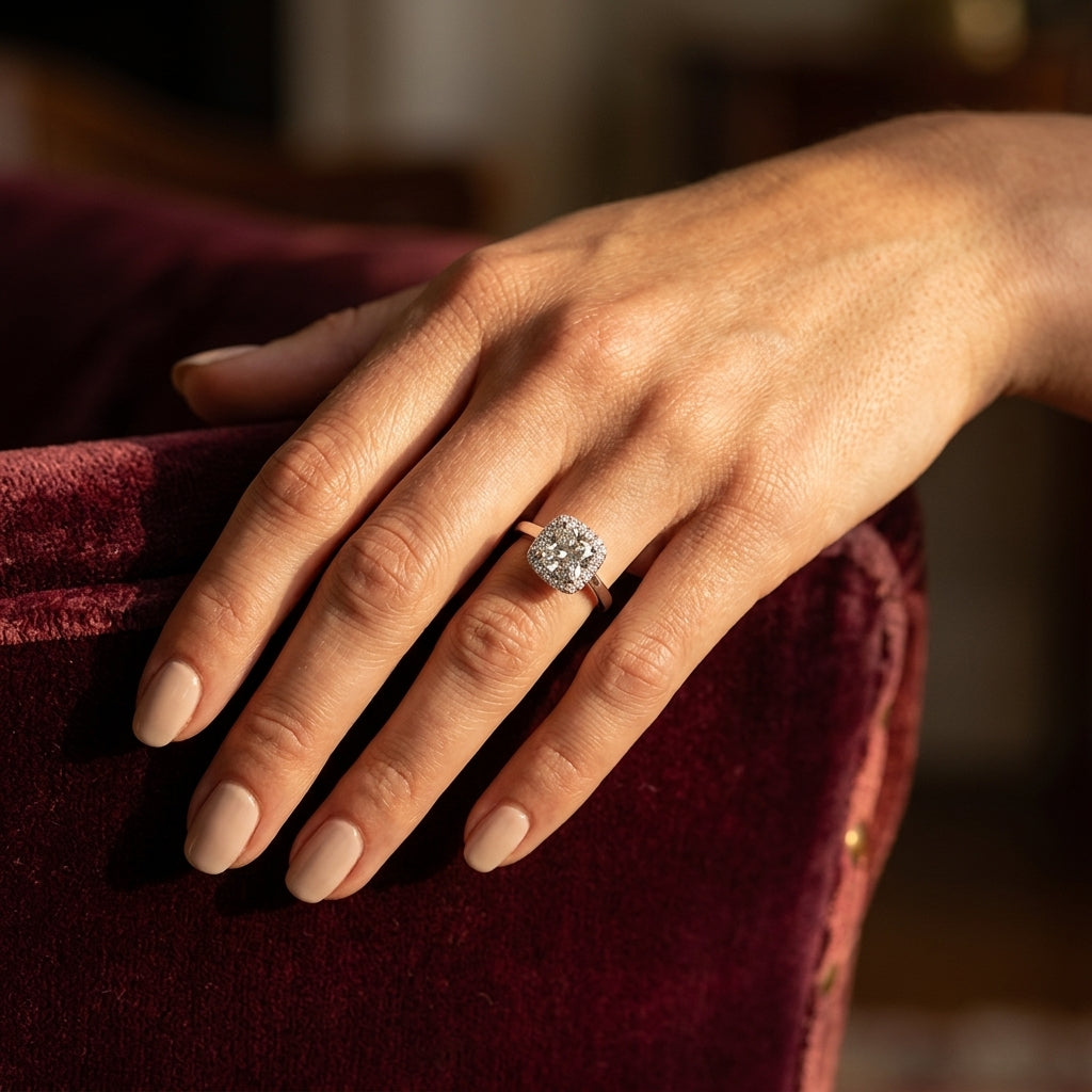 Cushion Shape Cathedral Halo Engagement Ring - worn lifestyle photo