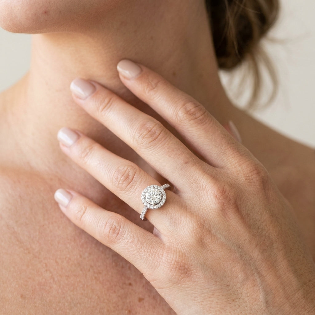 Round Halo Single Row Engagement Ring - worn lifestyle photo