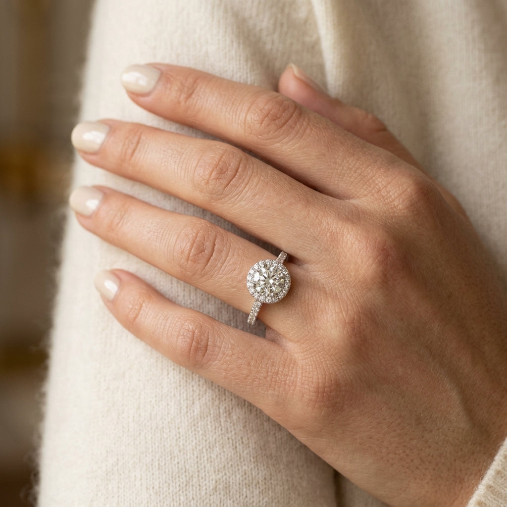 Round Halo Diamond Engagement Ring - worn lifestyle photo