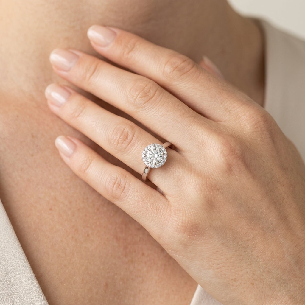 Round Halo Engagement Ring - worn lifestyle photo