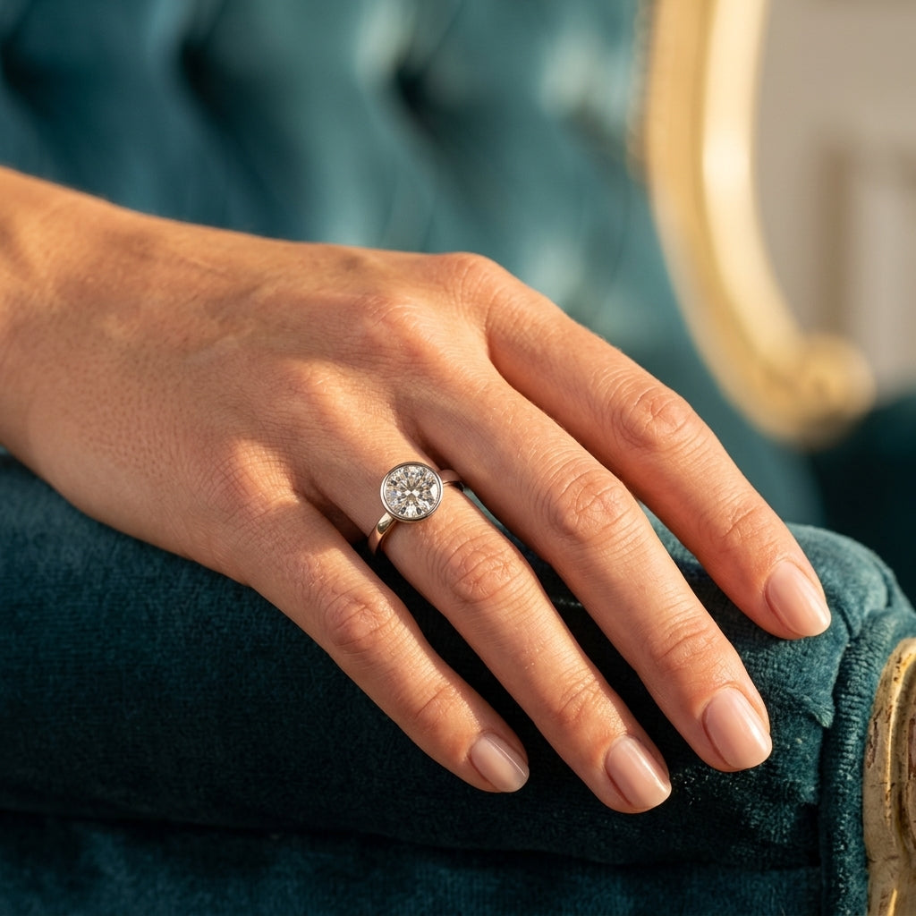Solitaire Bezel Set Round Engagement Ring - worn lifestyle photo