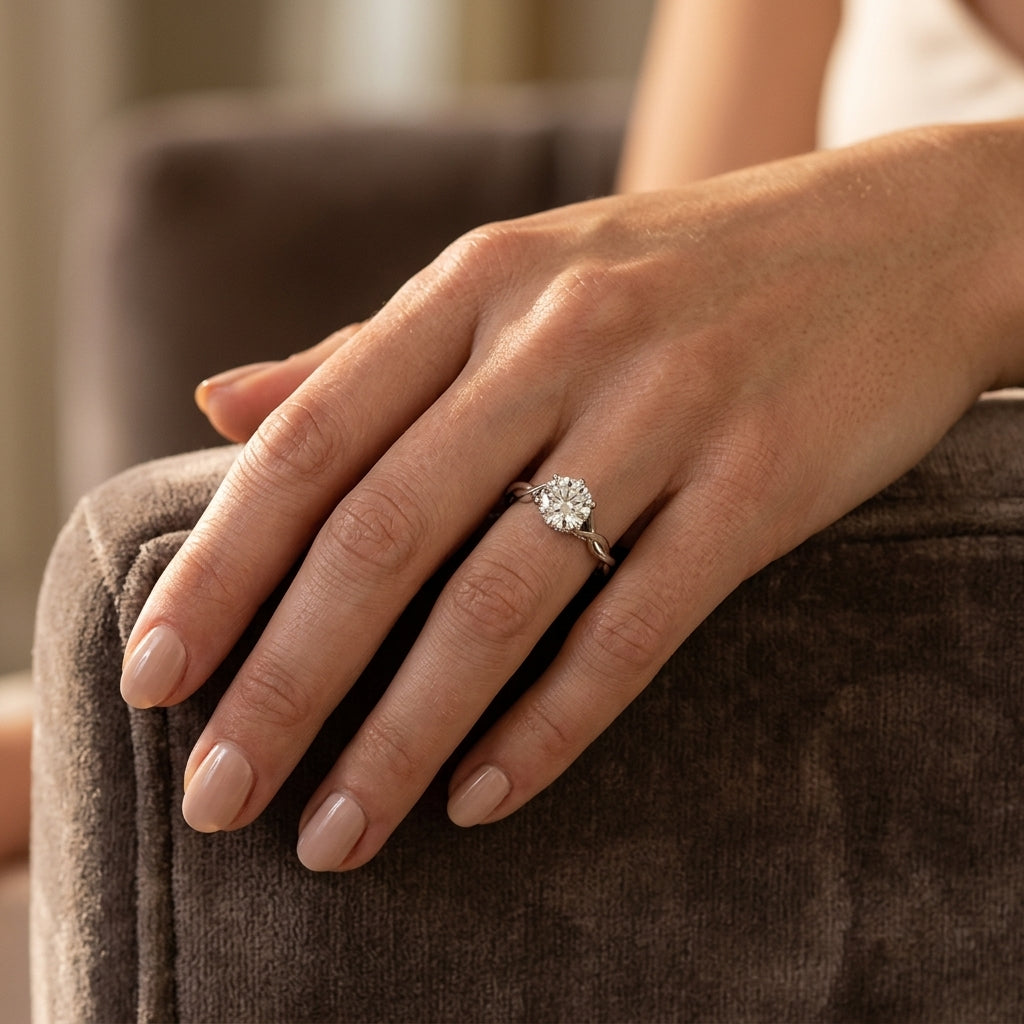 Twisted Shank Hidden Halo Engagement Ring - worn lifestyle photo