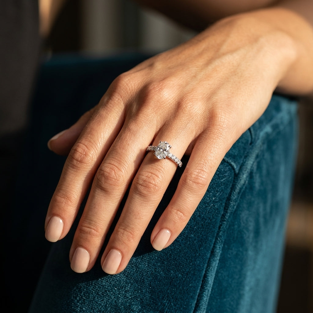 Single Row U-Prong Trellis Engagement Ring - worn lifestyle photo