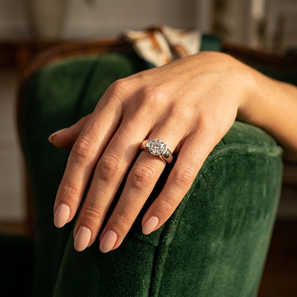 Round Half Bezel Solitaire Engagement Ring - worn lifestyle photo