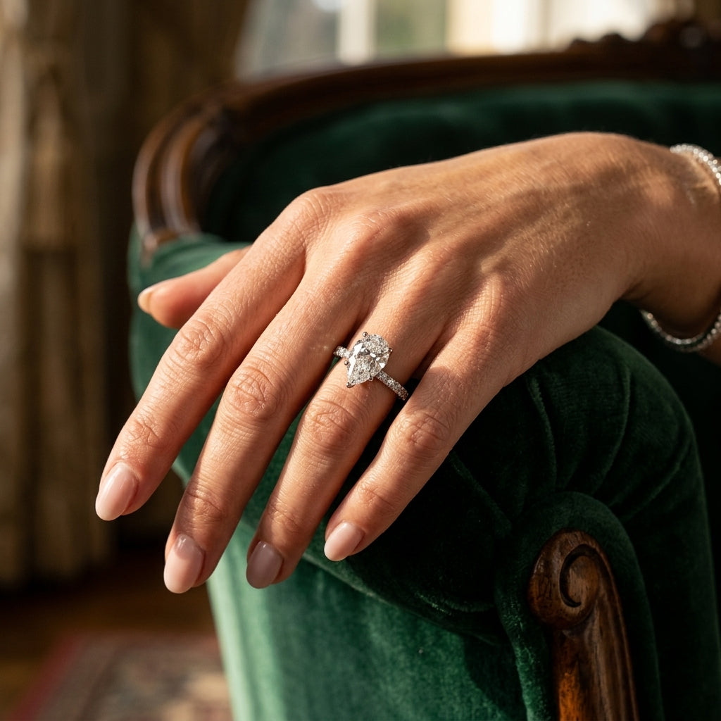 Floral Inspired Pear Engagement Ring - worn lifestyle photo