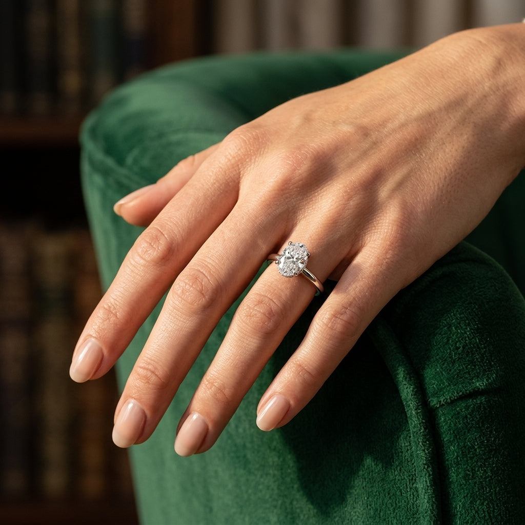 Double Hidden Halo Oval Engagement Ring - worn lifestyle photo