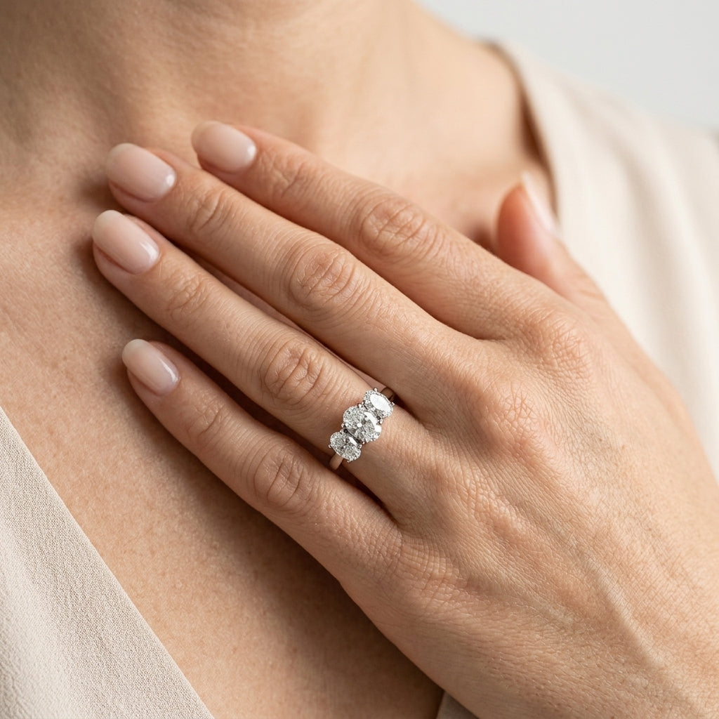 3-Stone Accented Oval Shape Engagement Rings - worn lifestyle photo