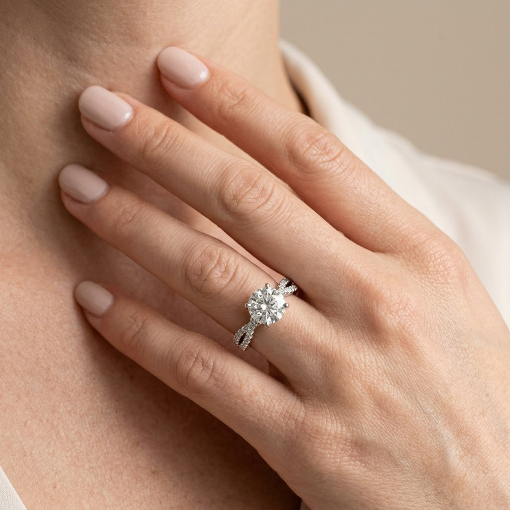Twisted Hidden Halo Engagement Ring - worn lifestyle photo