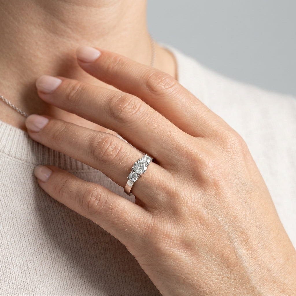 3-Stone Round Engagement Ring - worn lifestyle photo