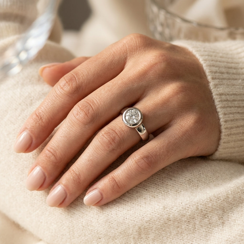 Solitaire Bezel Set Engagement Rings - worn lifestyle photo