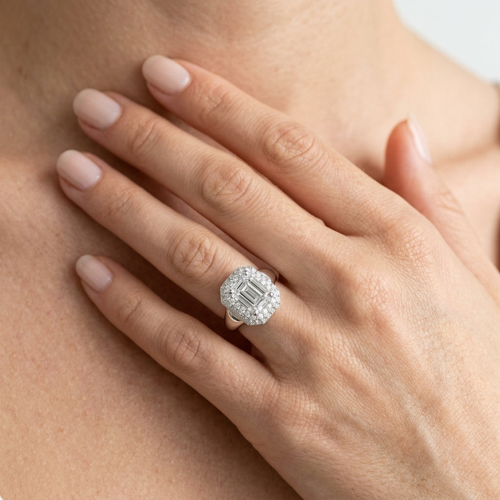 Double Halo Emerald Cut Engagement Ring - worn lifestyle photo