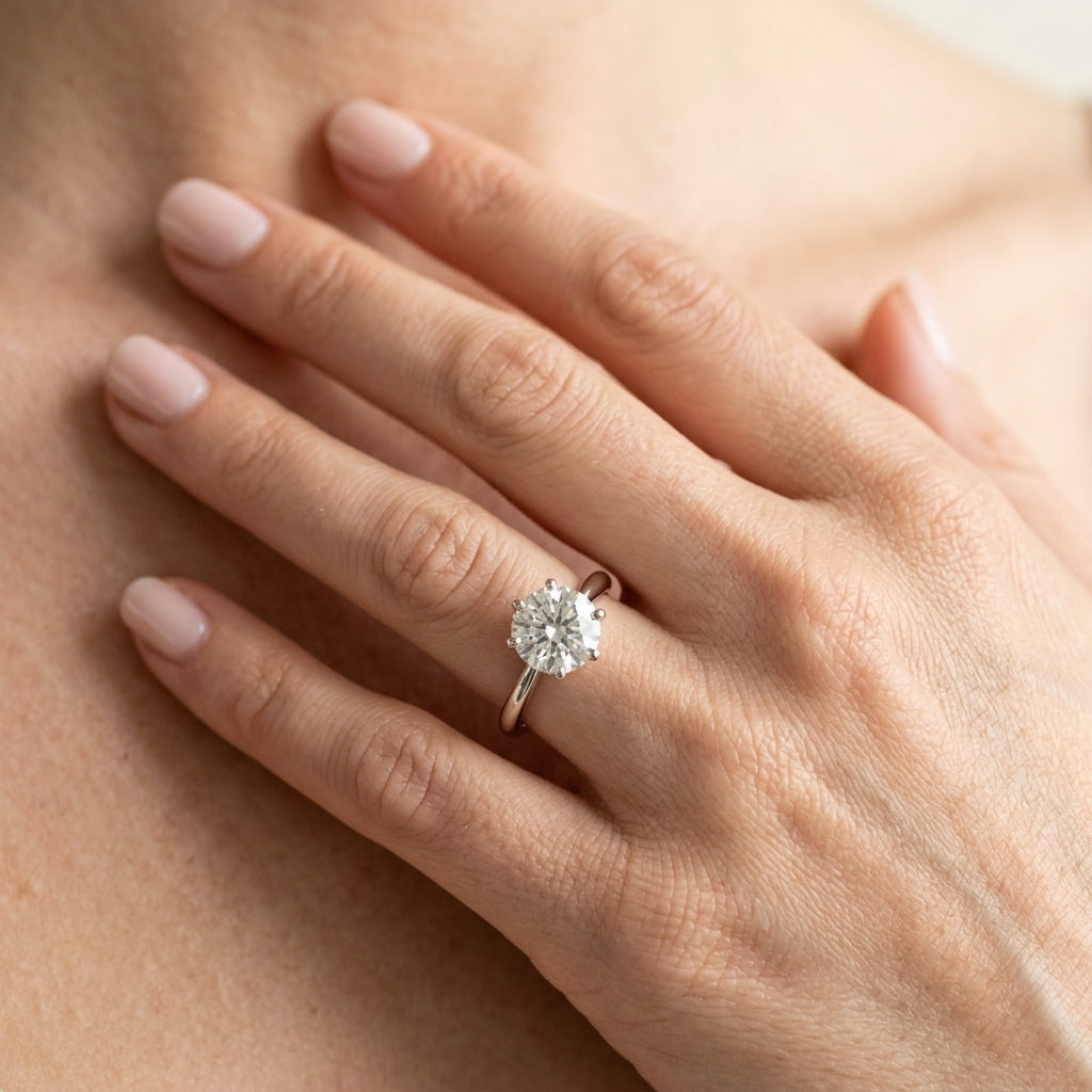 Double Prong Round Solitaire Engagement Ring - worn lifestyle photo