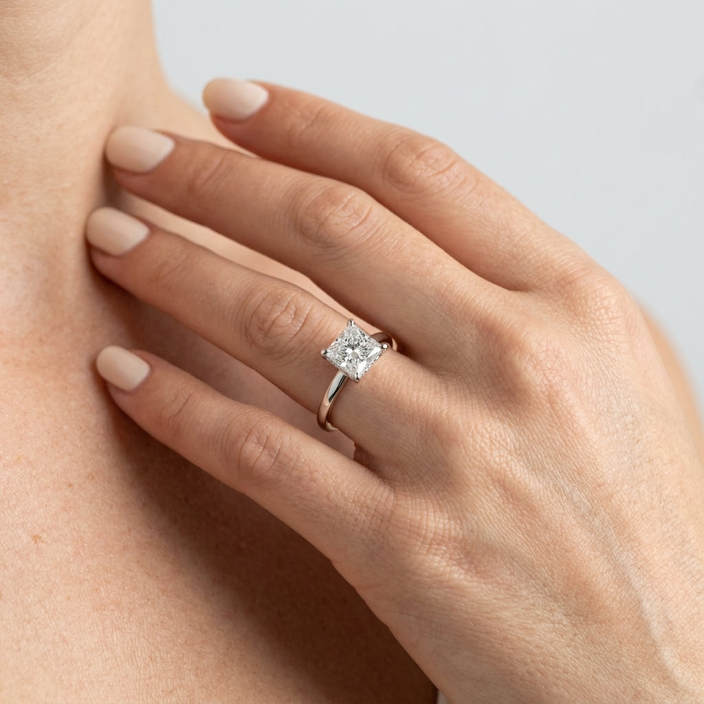 Square & Princess Cut Hidden Halo Engagement Ring - worn lifestyle photo