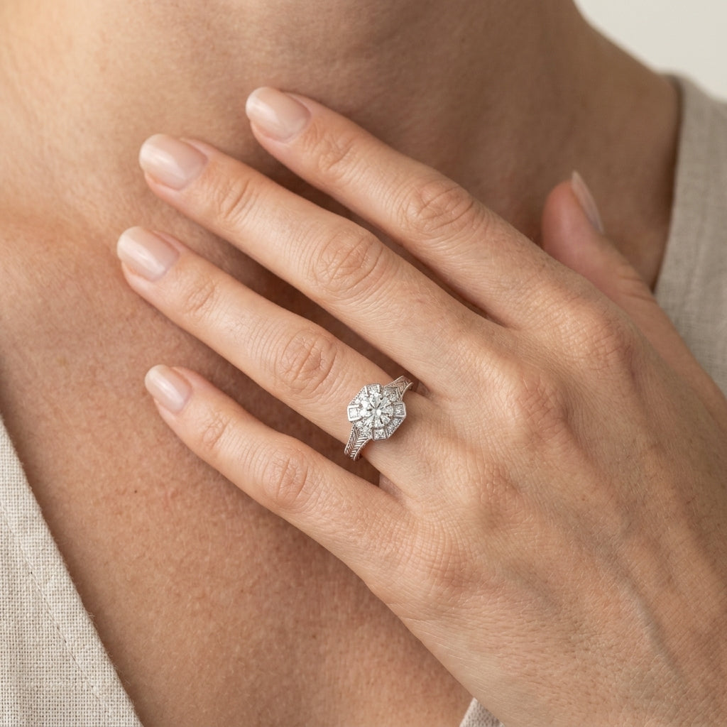 Vintage Style Halo Filigree Engagement Ring - worn lifestyle photo