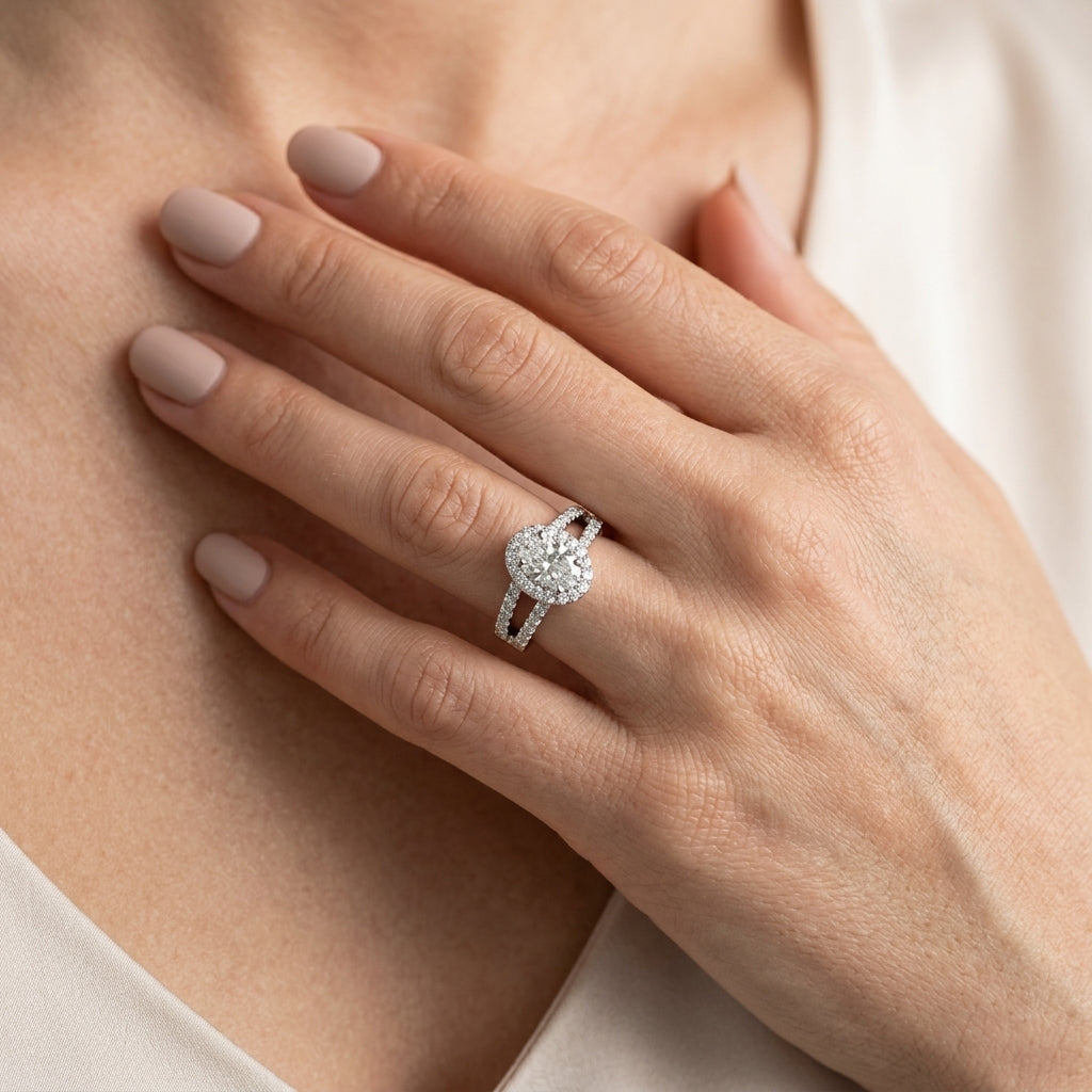 Double Row Split Shank Halo Oval Engagement Ring - worn lifestyle photo