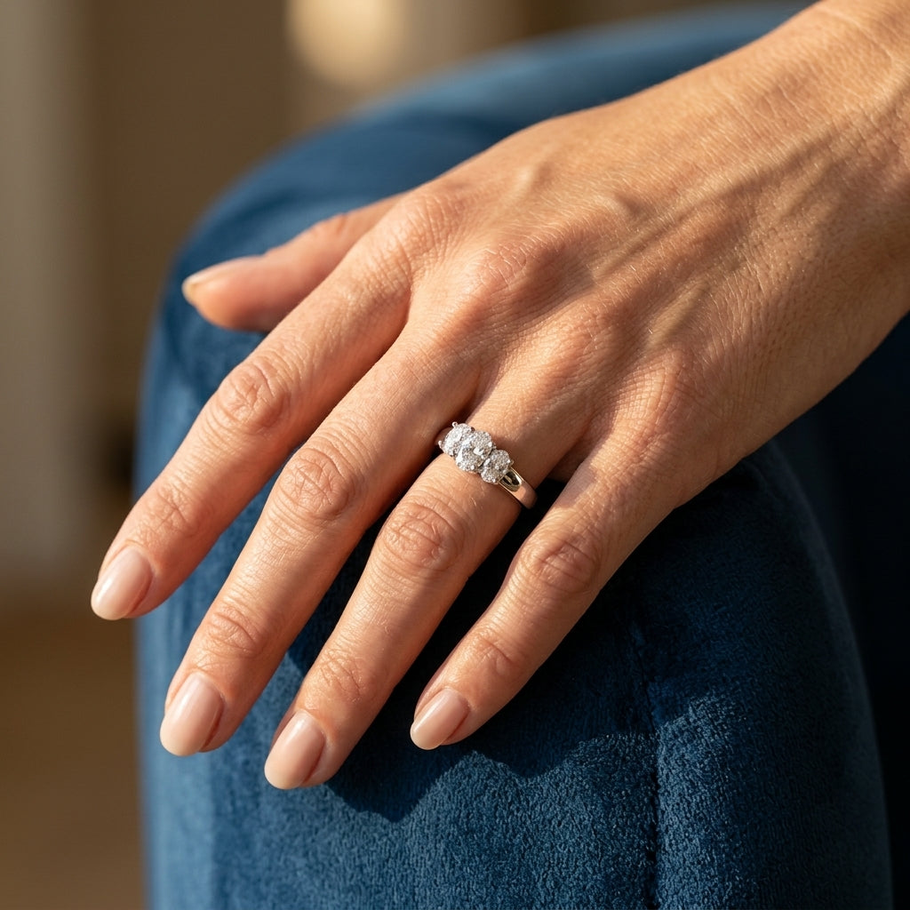 ENGAGEMENT RINGS 3 STONE OVAL - worn lifestyle photo