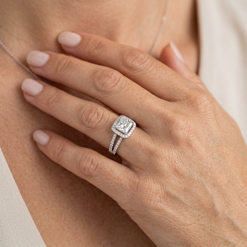 Split Shank Princess Cut Halo Engagement Ring - worn lifestyle photo