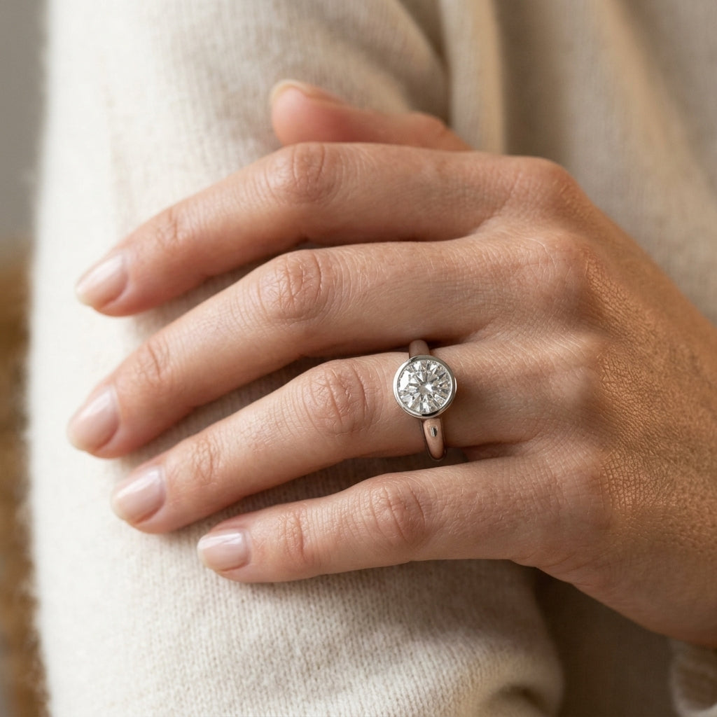 Round Bezel Set Solitaire Engagement Ring - worn lifestyle photo