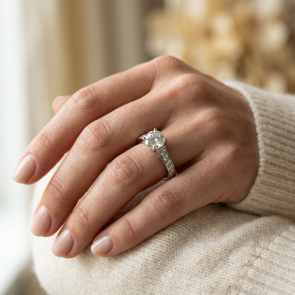Accented Single Row Round Engagement Ring - worn lifestyle photo