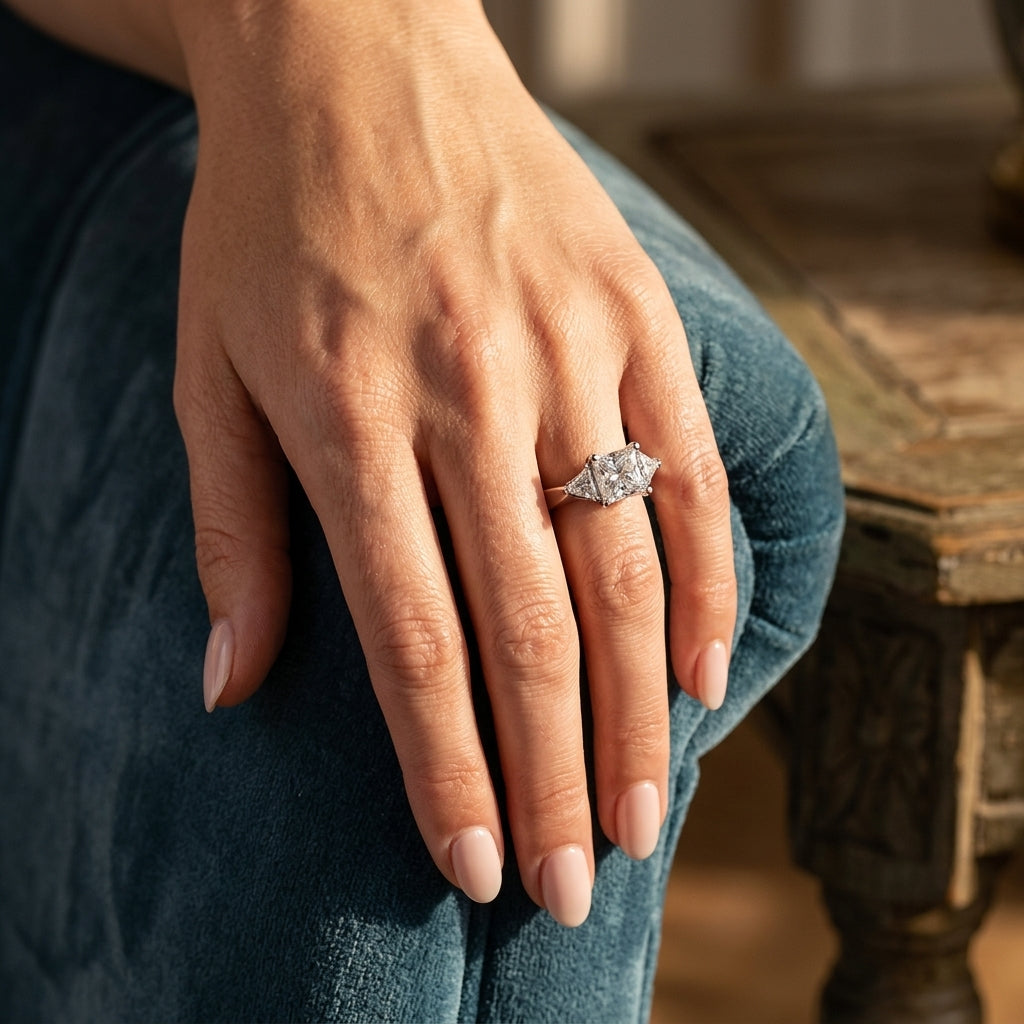 3-Stone Princess-Cut Trellis Engagement Rings - worn lifestyle photo