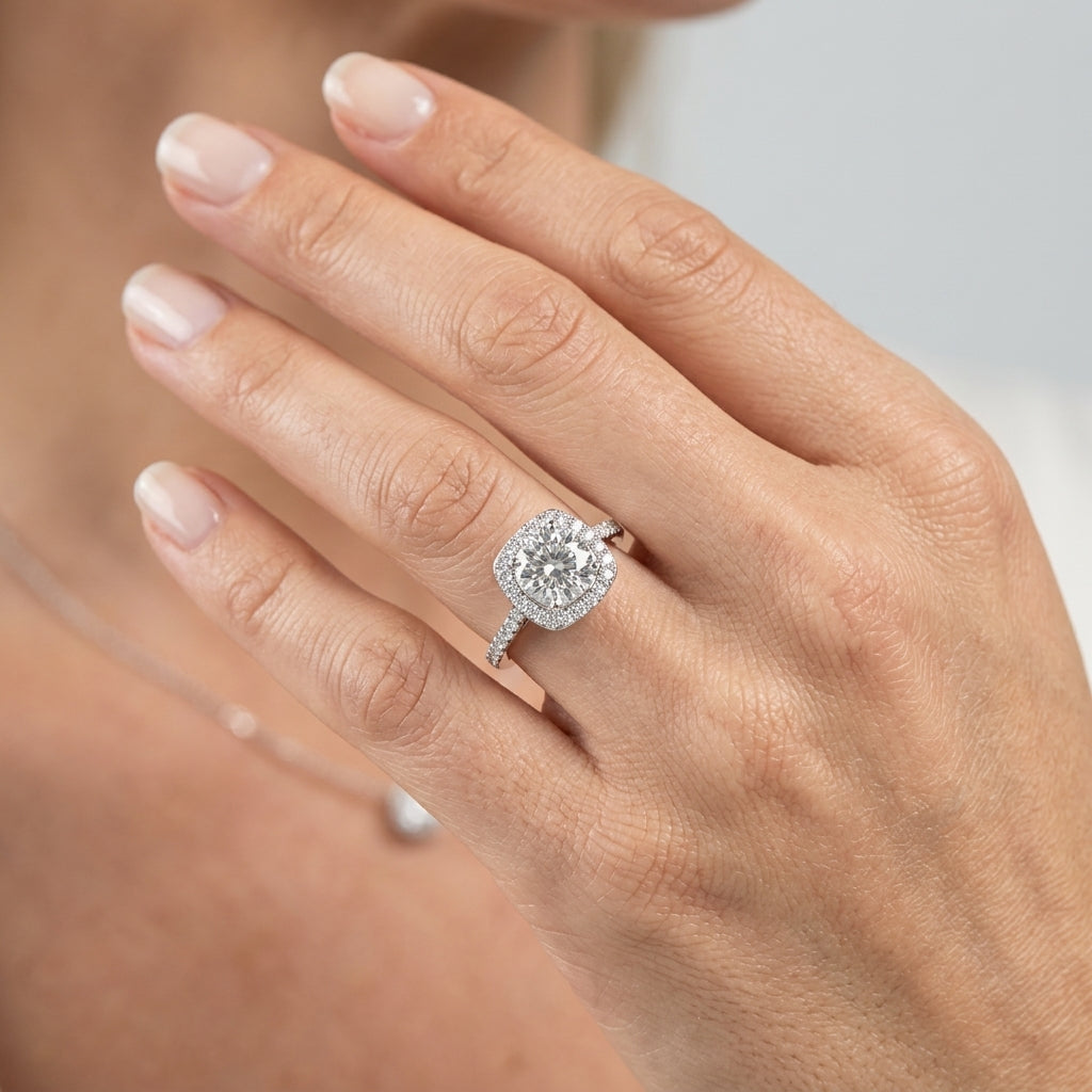 Single Row Halo Engagement Ring - worn lifestyle photo