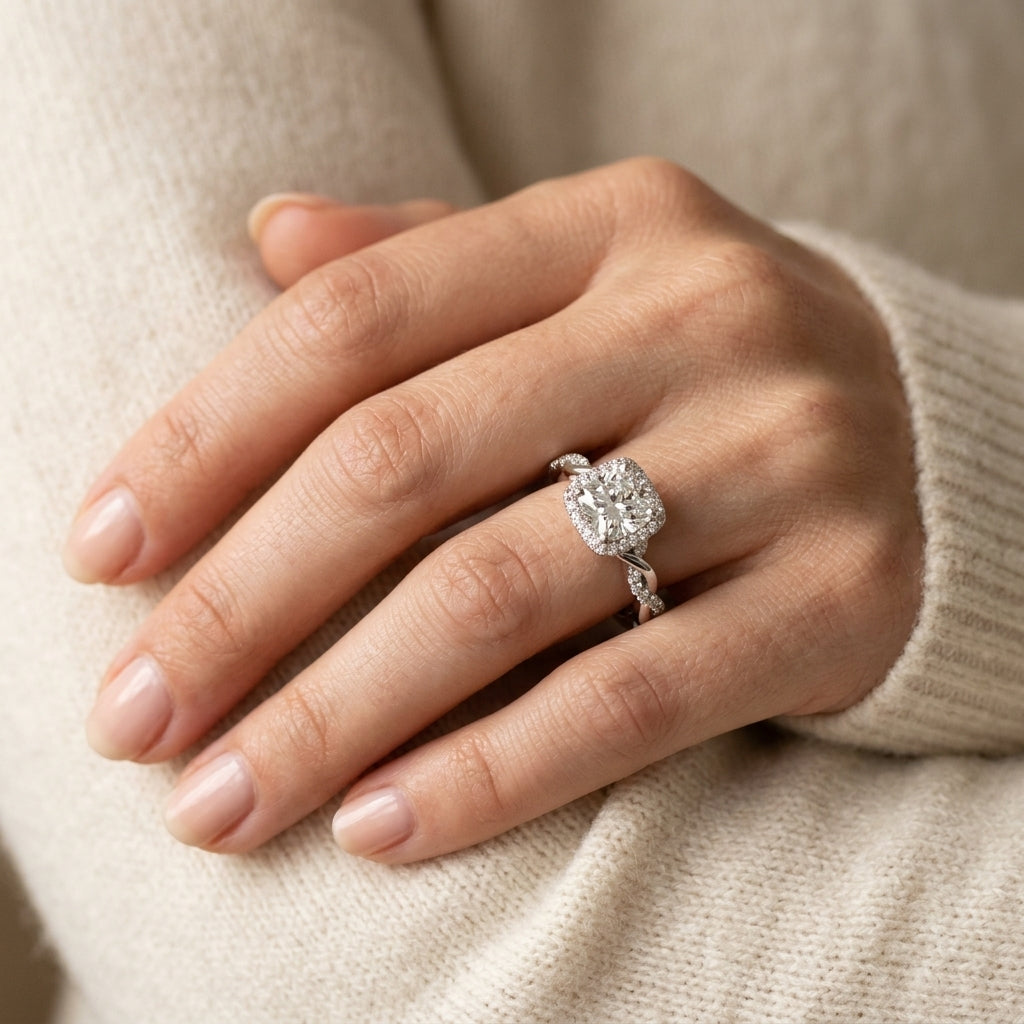 Twisted Shank Halo Cushion Shape Engagement Rings - worn lifestyle photo