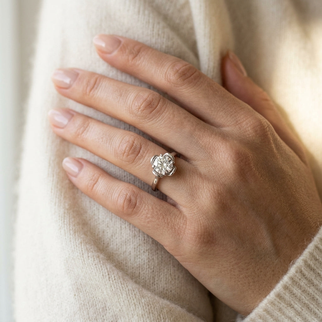 Solitaire Accented Cathedral Engagement Rings - worn lifestyle photo