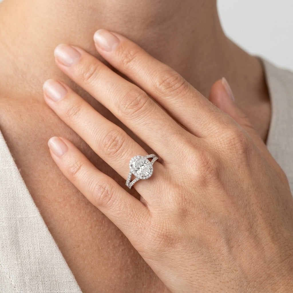 Split Shank Oval Halo Engagement Ring - worn lifestyle photo