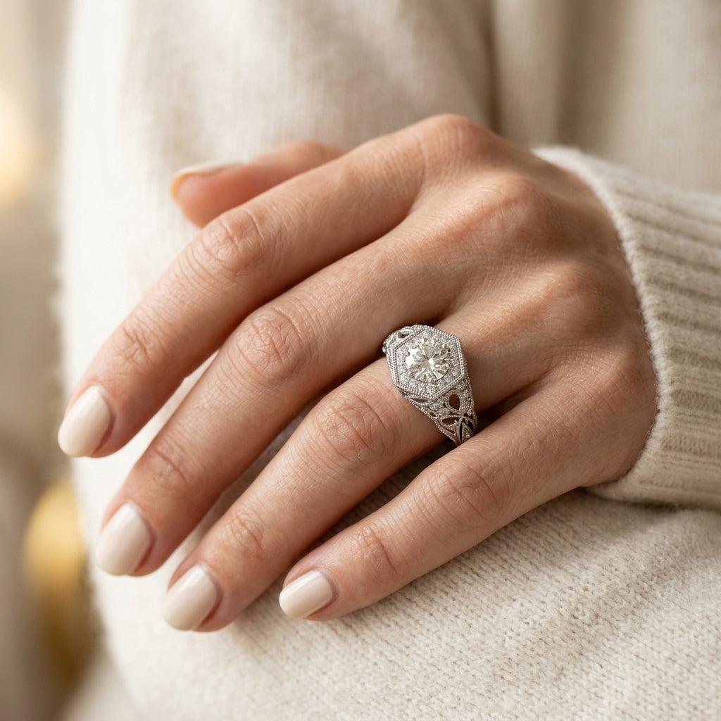 Vintage Milgrain Halo Hexagon Shaped Engagement Rings - worn lifestyle photo