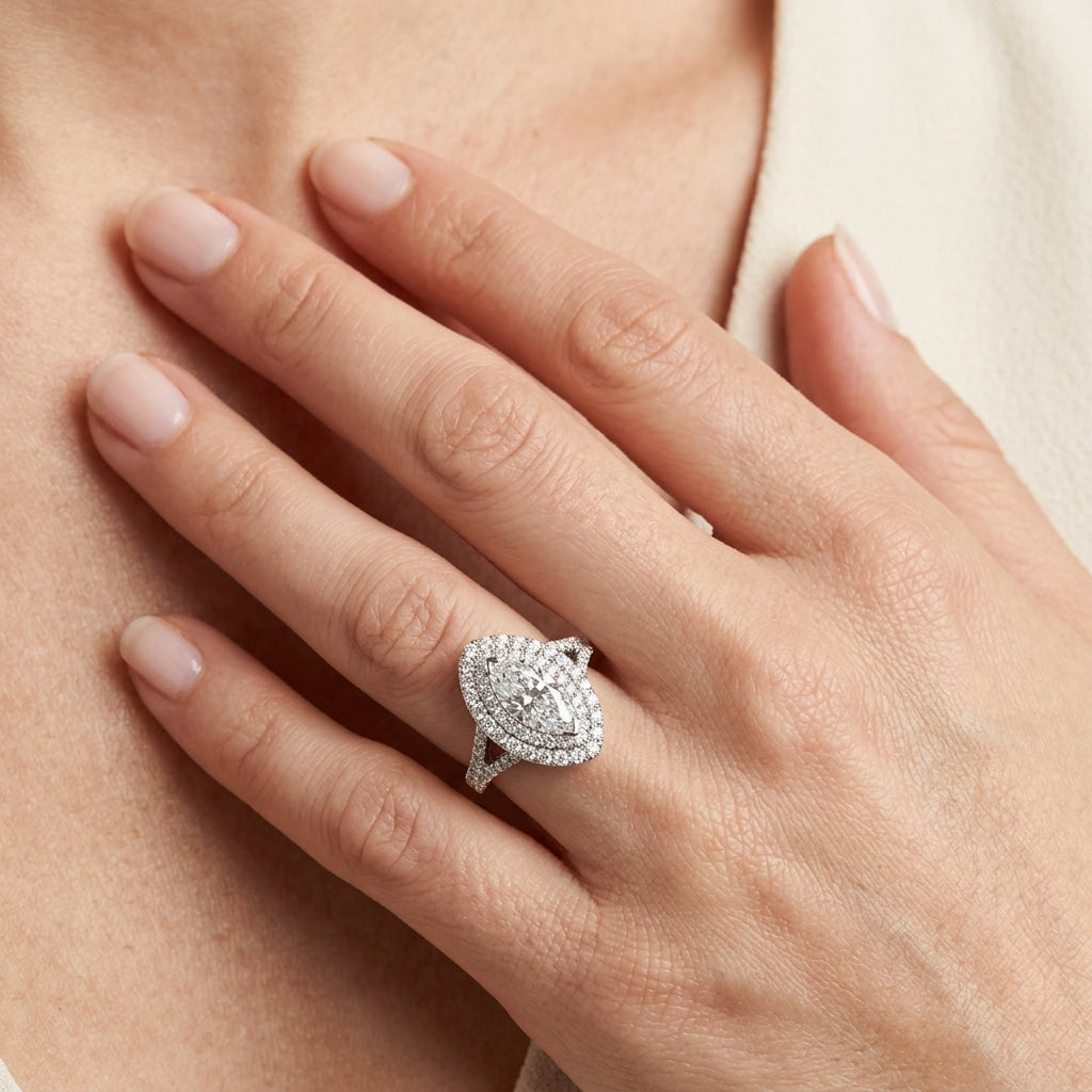 Double Halo Marquise Split Shank Engagement Ring - worn lifestyle photo
