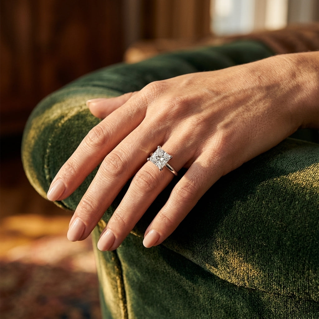 Solitaire Princess Cut Engagement Ring - worn lifestyle photo